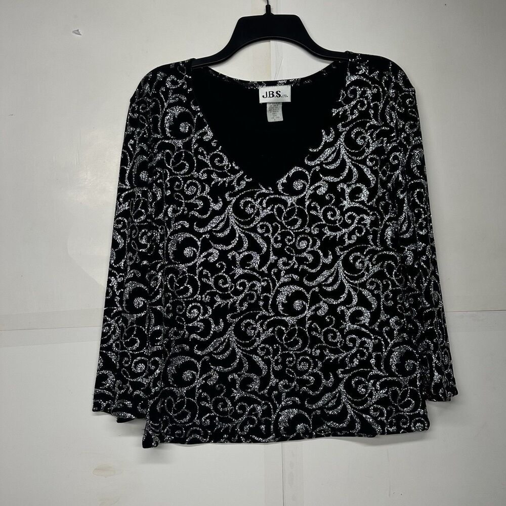 J.B.S. LTD Women’s Black Silver Glitter Velvet Swirl Top Long Sleeve XL